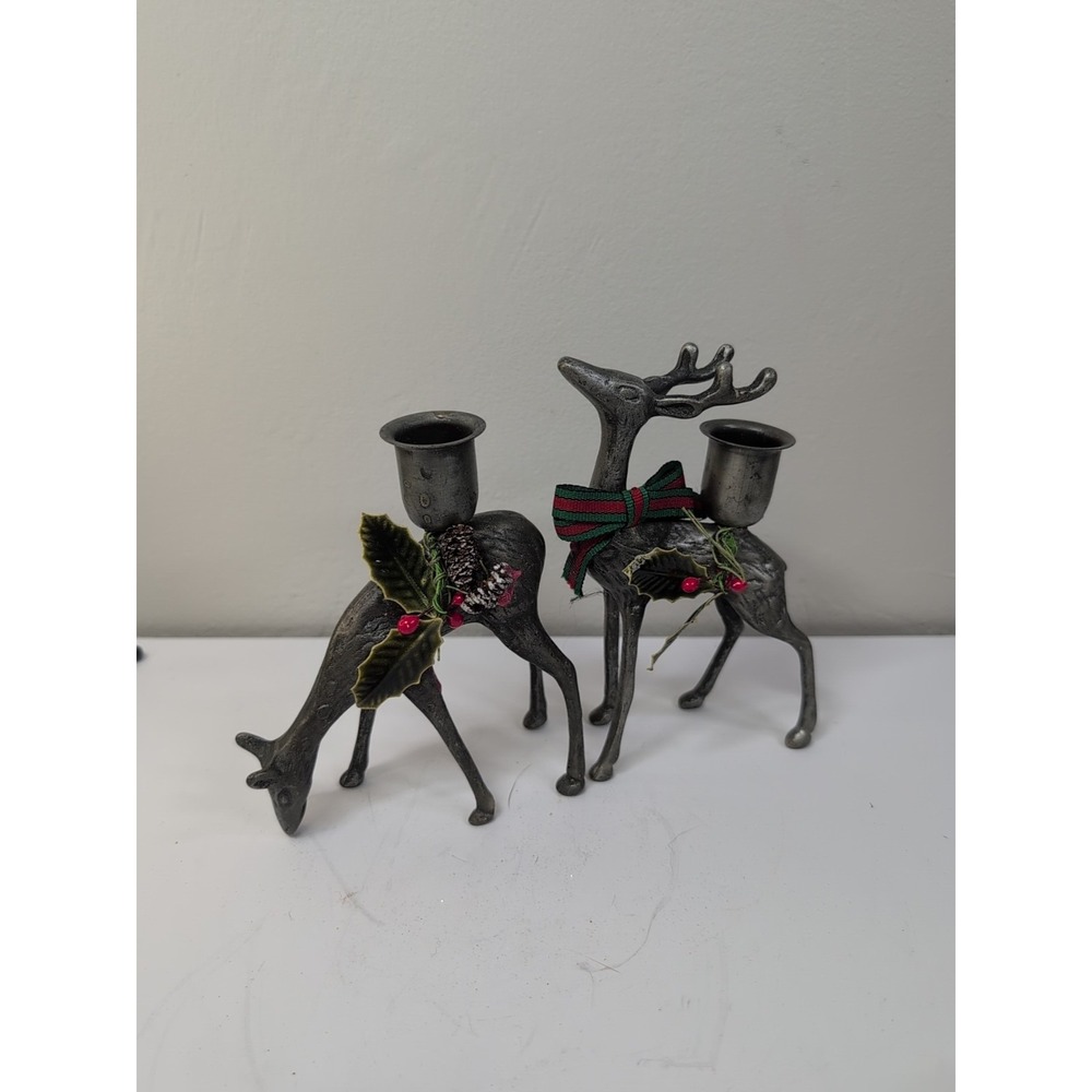 VINTAGE PAIR OF METAL SILVER COLORED GRAZING DEER CANDLE HOLDERS